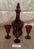 RED GLASS DECANTER SET W/3 CORDIALS