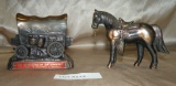 COPPER STYLE HORSE FIGURINE, COVERED WAGON COIN BANK