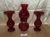 L.E. SMITH RED GLASS MOON & STARS LAMP, 2 RED VASES