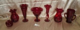 FLAT BOX W/7 RED GLASS PIECES - MOSTLY VASES