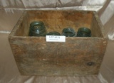OLDER WOODEN CRATE W/8 ASSORTED CANNING JARS