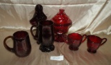 6 RED GLASS ITEMS - MOSTLY SILVER DOLLAR CITY HANDCRAFTED