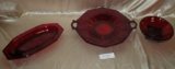 CAMBRIDGE RED GLASS SANDWICH TRAY, PICKLE DISH, FOOTED BOWL
