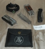 FLAT BOX W/KNIVES, LEATHERMAN TOOLS, THROWING STAR, COMPASS