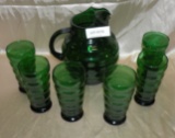GREEN GLASS JUICE SET - PITCHER W/6 GLASSES