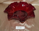 FENTON GLASS RED BUTTON & DAISY PATTERN FLARED, CRIMPED BOWL