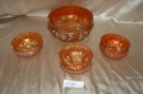 CARNIVAL GLASS 3-FOOTED ROSE DISH, 3 BERRY BOWLS