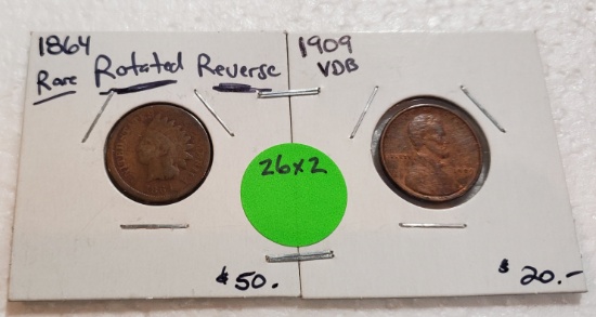 1864 ROTATED REVERSE INDIAN HEAD, 1909-VDB WHEAT CENTS - 2 TIMES MONEY