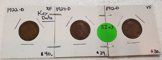 1912-D, 1922-D, 1924-D LINCOLN WHEAT CENTS - 3 TIMES MONEY