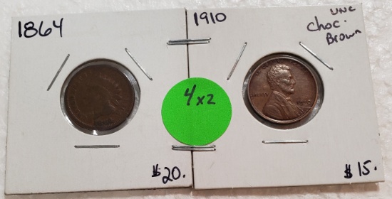 1864 INDIAN HEAD, 1910 LINCOLN WHEAT CENTS - 2 TIMES MONEY