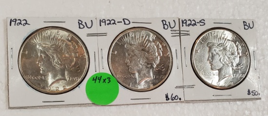 1922, 1922-D, 1922-S SILVER PEACE DOLLARS - 3 TIMES MONEY