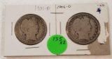 1901, 1906-O BARBER HALF DOLLARS - 2 TIMES MONEY