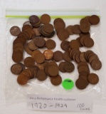 100 ASSORTED LINCOLN WHEAT CENTS - 1920-1929