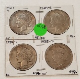 1927-S, 1928-S, 1934-S, 1935-S SILVER PEACE DOLLARS - 4 TIMES MONEY