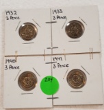 4 FOREIGN 3-PENCE COINS - 1932, 1933, 1940, 1941