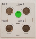 4 BUFFALO NICKELS - 1918, 1926, 1928-S, 1938-D