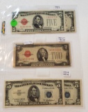5 ASSORTED FIVE DOLLAR NOTES, 1928-D 2 DOLLAR RED SEAL STAR NOTE