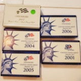 5 U.S. MINT PROOF SETS - 2001, 2004, 2005, 2006, 2007