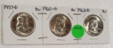 1957-D, 1960-D, 1962-D FRANKLIN HALF DOLLARS - 3 TIMES MONEY