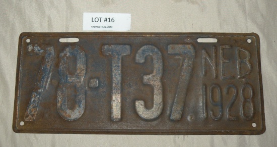 SINGLE 1928 DEUEL COUNTY NEBR. LICENSE PLATE