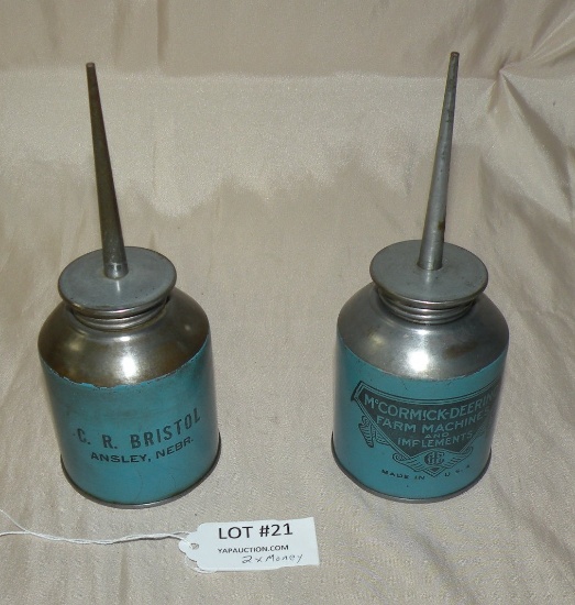 2 SMALL OLD MCCORMICK-DEERING OILER CANS - C.R. BRISTOL ANSLEY NE - 2 TIMES MONEY