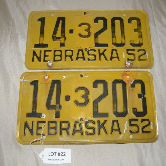 MATCHING PAIR 1952 ADAMS COUNTY NEBR. LICENSE PLATES