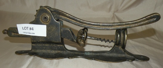 VTG. CAST IRON WALL MOUNT WINE BOTTLE CORKSCREW PRESS - ITALY