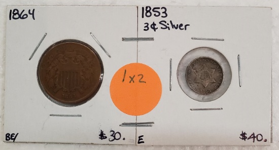 1953 SILVER THREE CENT, 1864 TWO CENT COINS - 2 TIMES MONEY