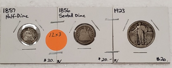 1856 SEATED DIME, 1857 HALF DIME, 1923 STANDING LIBERTY QUARTER - 3 TIMES MONEY