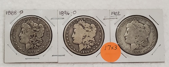 1888-O, 1896-O, 1902 MORGAN SILVER DOLLARS - 3 TIMES MONEY