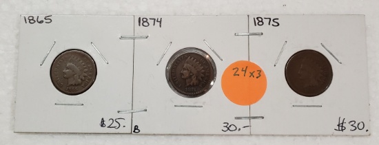 1865, 1874, 1875 INDIAN HEAD CENTS - 3 TIMES MONEY