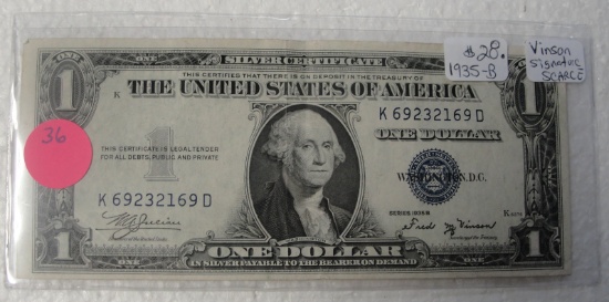 1935-B ONE DOLLAR SILVER CERTIFICATE - SECRETARY VINSON SIGNATURE