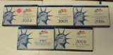 5 U.S. PROOF SETS W/STATE QUARTERS, BOXES - CONSECUTIVE 2004-2008