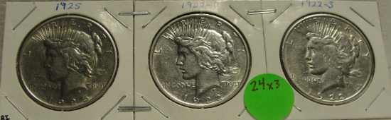 1922-D, 1922-S, 1925 SILVER PEACE DOLLARS - 3 TIMES MONEY