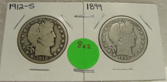 1899, 1912-S BARBER HALF DOLLARS - 2 TIMES MONEY