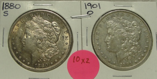 1880-S, 1901-O MORGAN SILVER DOLLARS - 2 TIMES MONEY
