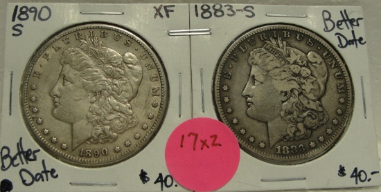 1883-S, 1890-S MORGAN SILVER DOLLARS - BETTER DATES - 2 TIMES MONEY