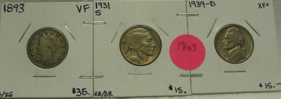 1893 LIBERTY, 1931-S BUFFALO, 1939-D JEFFERSON NICKELS - 3 TIMES MONEY