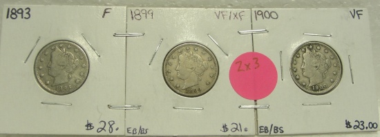 1893, 1899, 1900 LIBERTY V NICKELS - 3 TIMES MONEY