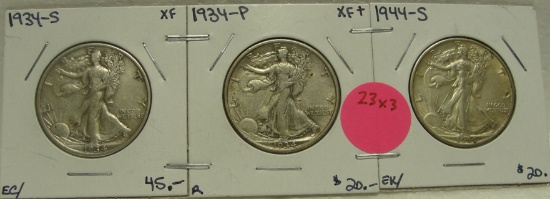 1934, 1934-S, 1944-S WALKING LIBERTY HALF DOLLARS - 3 TIMES MONEY