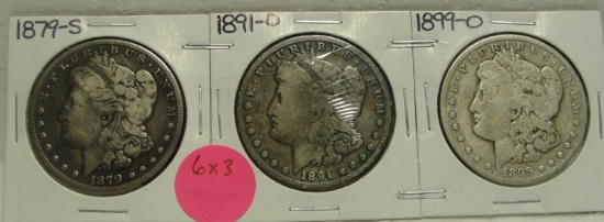 1879-S, 1891-O, 1899-O MORGAN SILVER DOLLARS - 3 TIMES MONEY