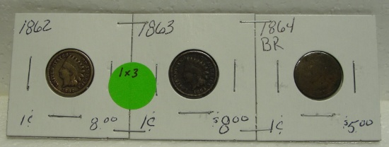 1862, 1863, 1864 INDIAN HEAD CENTS - 3 TIMES MONEY