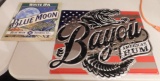 2 TIN BEER SIGNS - BLUE MOON, BAYOU AMERICA'S RUM