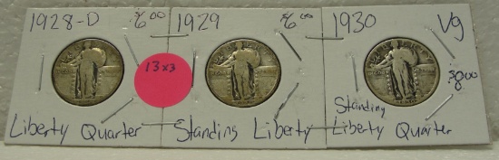 1928-D, 1929, 1930 STANDING LIBERTY QUARTERS - 3 TIMES MONEY