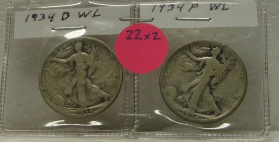 1934, 1934-D WALKING LIBERTY HALF DOLLARS - 2 TIMES MONEY