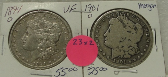 1894-O, 1901-O MORGAN SILVER DOLLARS - 2 TIMES MONEY