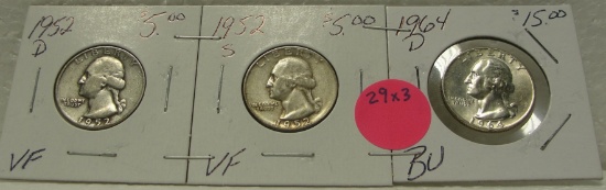 1952-D, 1952-S, 1964-D SILVER WASHINGTON QUARTERS - 3 TIMES MONEY