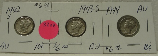 1942-S, 1943-S, 1944 MERCURY DIMES - 3 TIMES MONEY