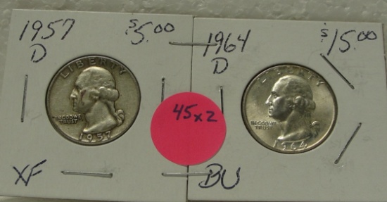 1957-D, 1964-D SILVER WASHINGTON QUARTERS - 2 TIMES MONEY