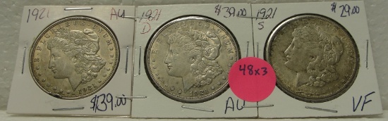 1921, 1921-D, 1921-S MORGAN SILVER DOLLARS - 3 TIMES MONEY